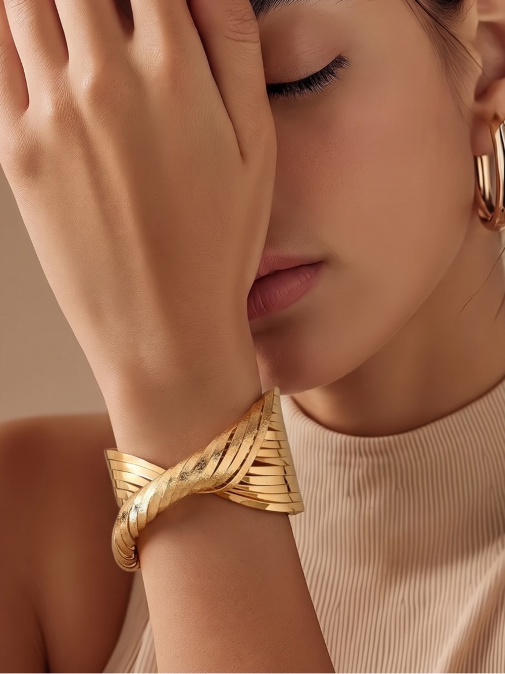 Gold Matte Twisted Line Cuff Bracelet.